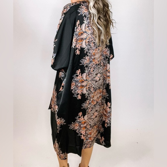 NWT UMGEE Floral Print Boho Silky Kimono Duster Coverup Black - Picture 3 of 5